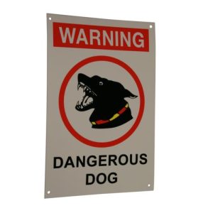 sign that reads warning dangerous dog with circled illustration of black teeth-bearing dog