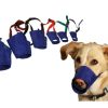 several blue nylon muzzles with colored straps with dog pictured wearing one said muzzle