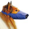 dog with long snout wearing nylon muzzle